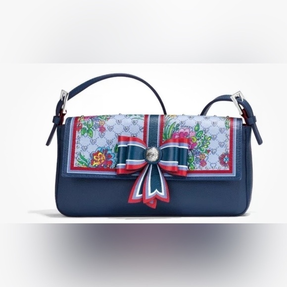 Brighton FASHION LUX BAGUETTE Navy Floral Leather Bow Handbag W/ Studs - Picture 1 of 15